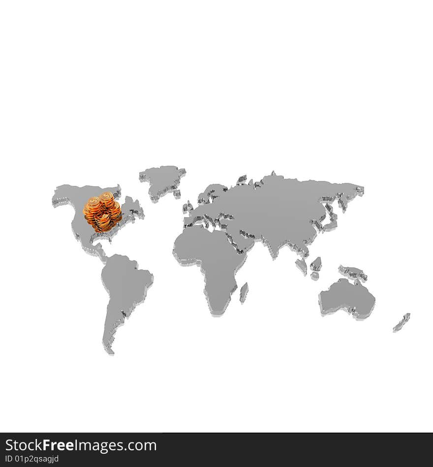 Golden Coins On World Map Isolated On A White