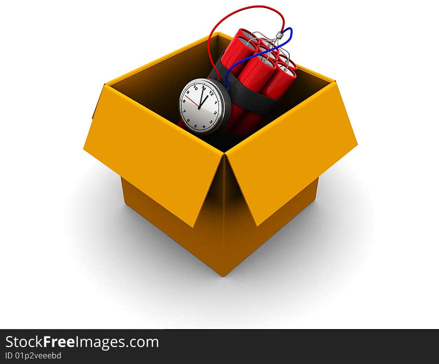 3d illustration of carton box with dynamite inside. 3d illustration of carton box with dynamite inside