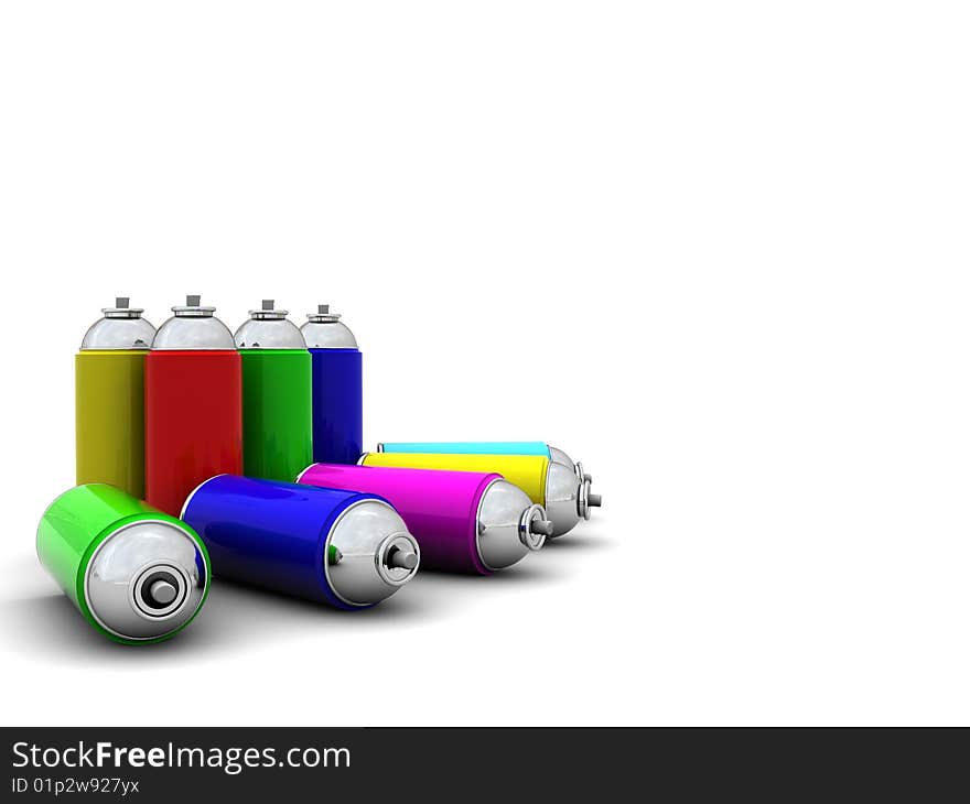 3d illustration of colorful spray cans over white background