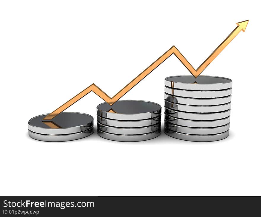 3d illustration of steel disks raising charts and golden arrow