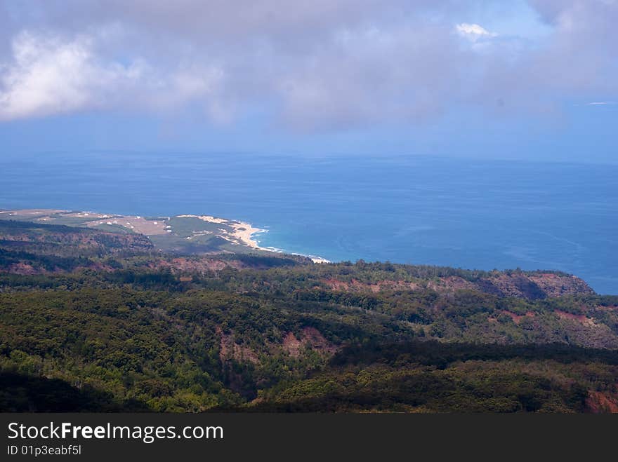 Looking out to see on the hawaiian coastline, shot from above on kaua'i. Looking out to see on the hawaiian coastline, shot from above on kaua'i