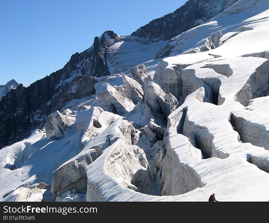 The picture shows really wild glacier crevasses. Tour in the Austrian Alps, Europe.