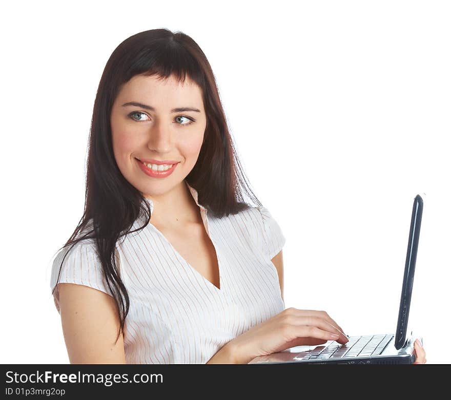 Young woman with laptop. Isolated on white background