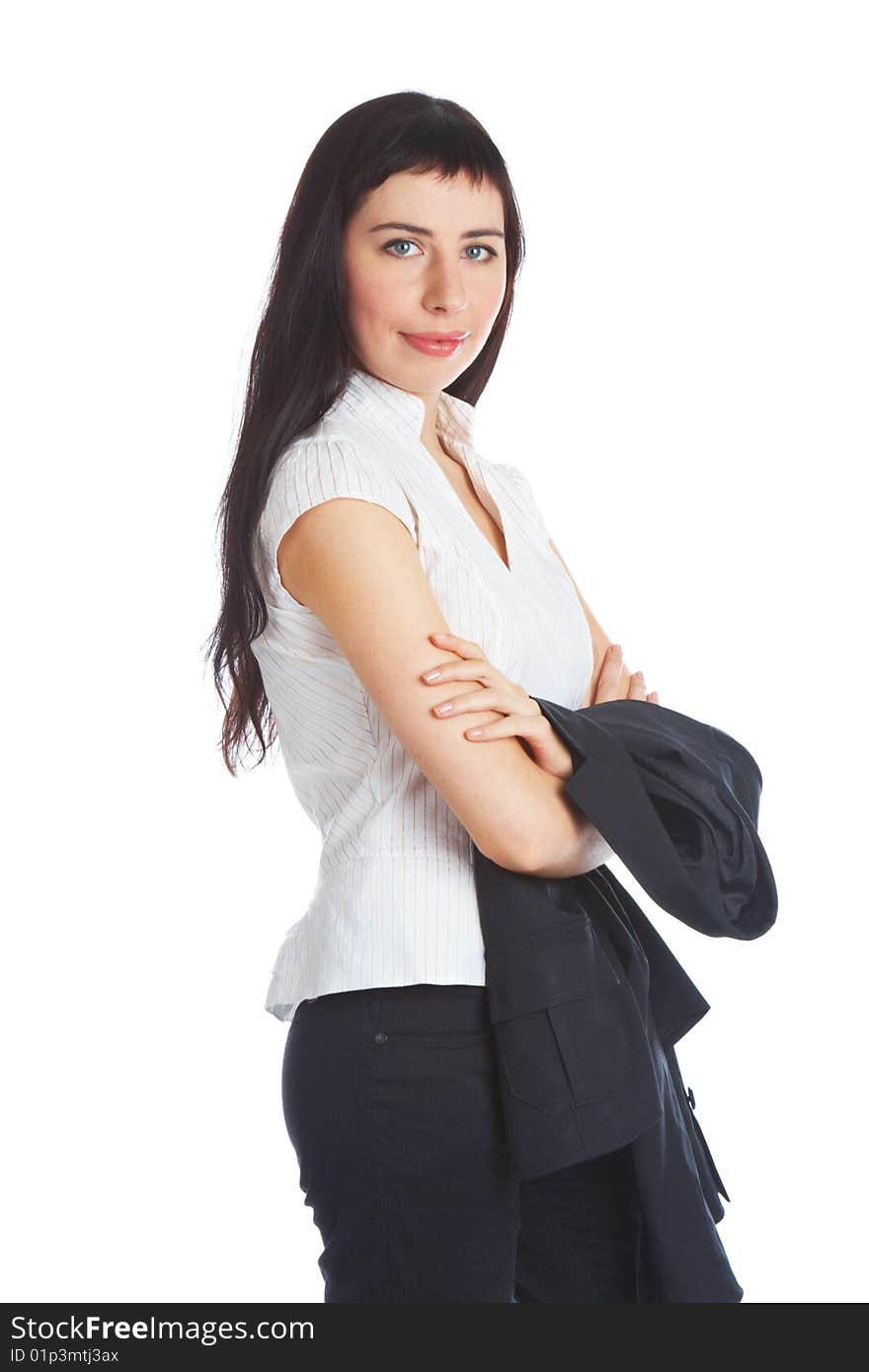 Young smiling woman in a business suit. Isolated on white background