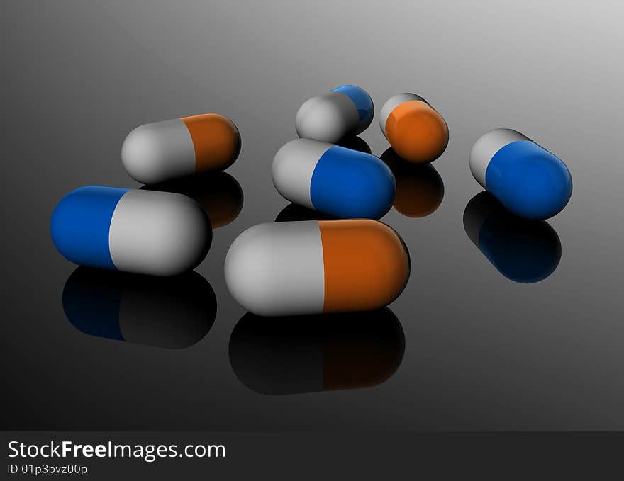 High quality 3D render. Blue and orange Pills. High quality 3D render. Blue and orange Pills.