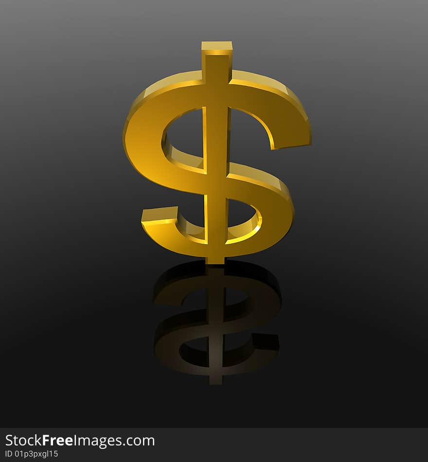 High quality 3D render. A golden dollarsign on dark, shiny background.