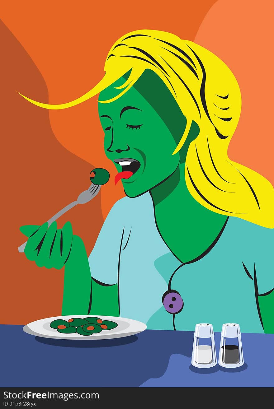 Fun illustration of a young women eating olives happily. Fun illustration of a young women eating olives happily.