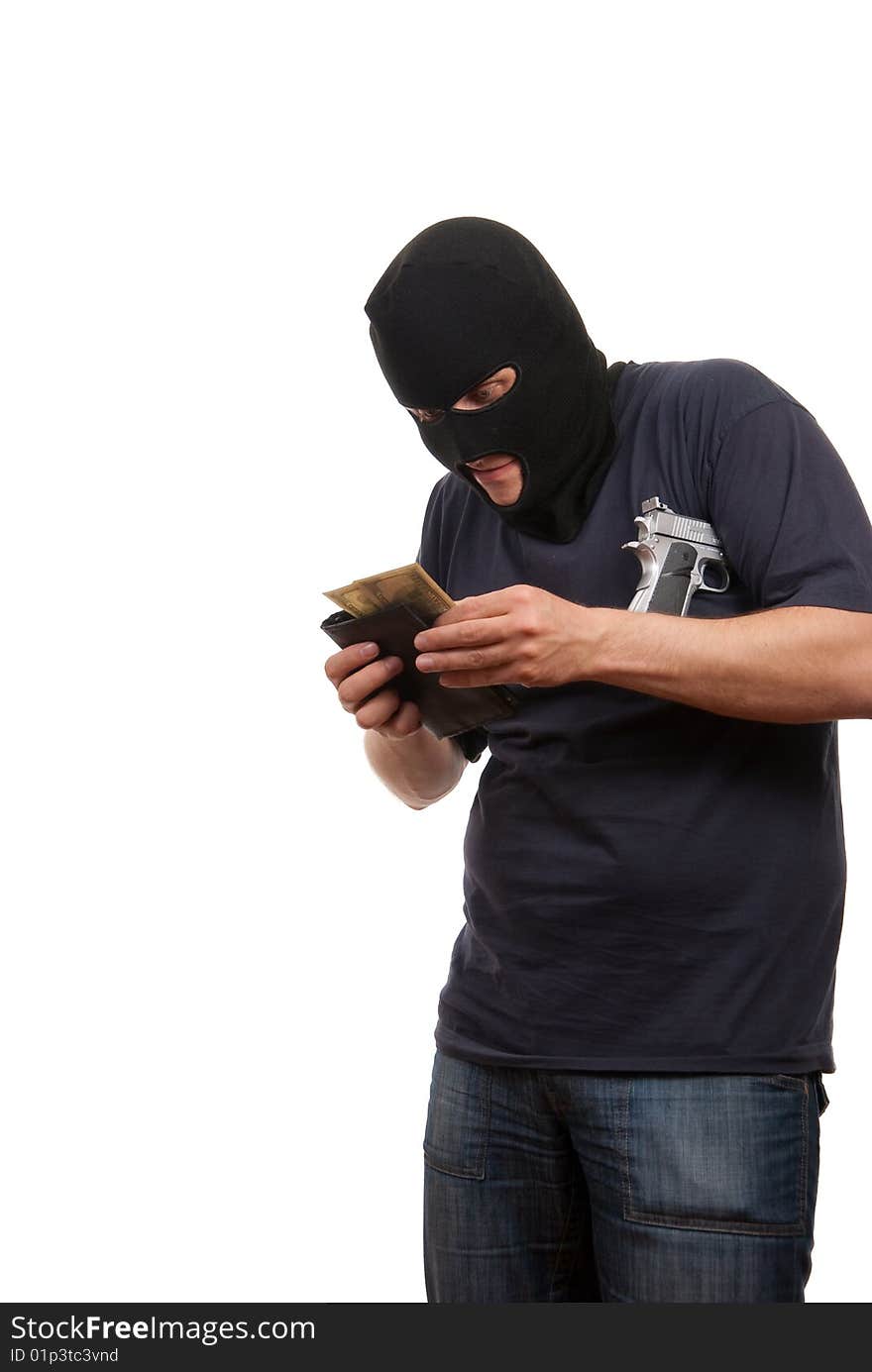 Robber counts money from stolen wallet. Isolated over white.