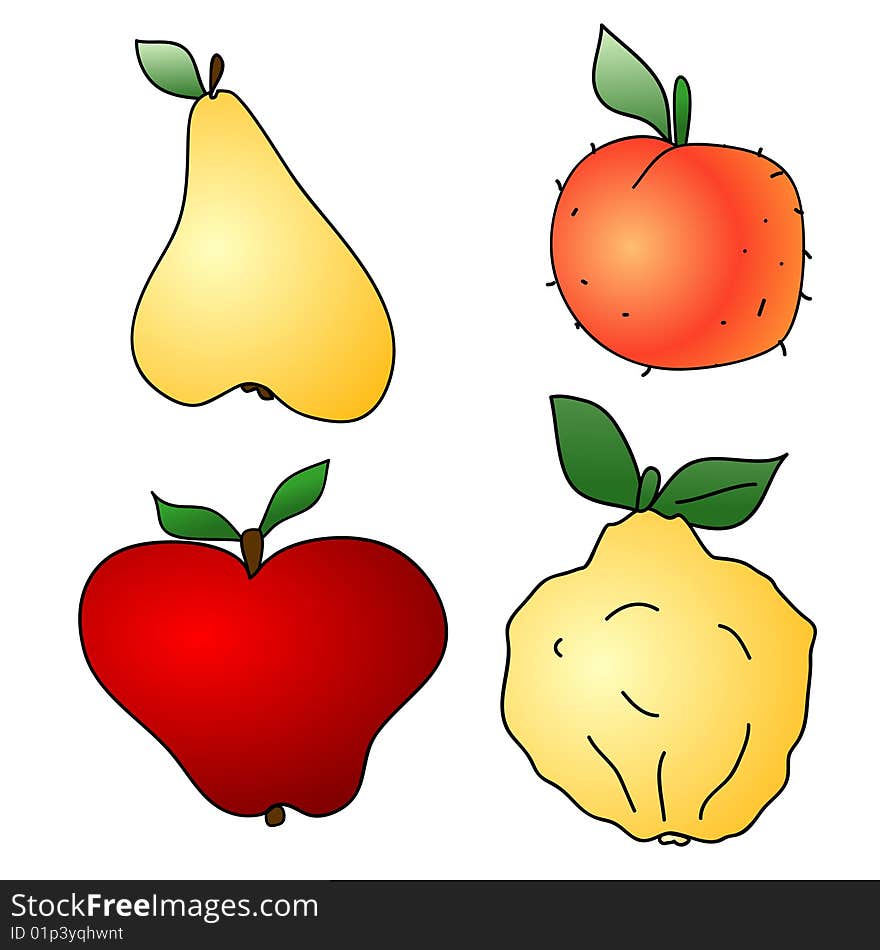 A childish  illustration of 4 autumn fruits isolated on white background.