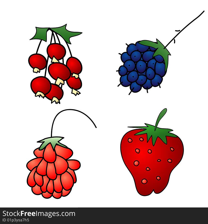 A childish  illustration of 4 berries isolated on white background.