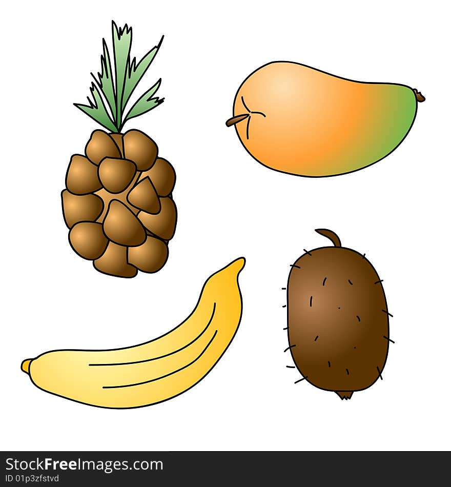 A childish  illustration of 4 tropical fruits isolated on white background.