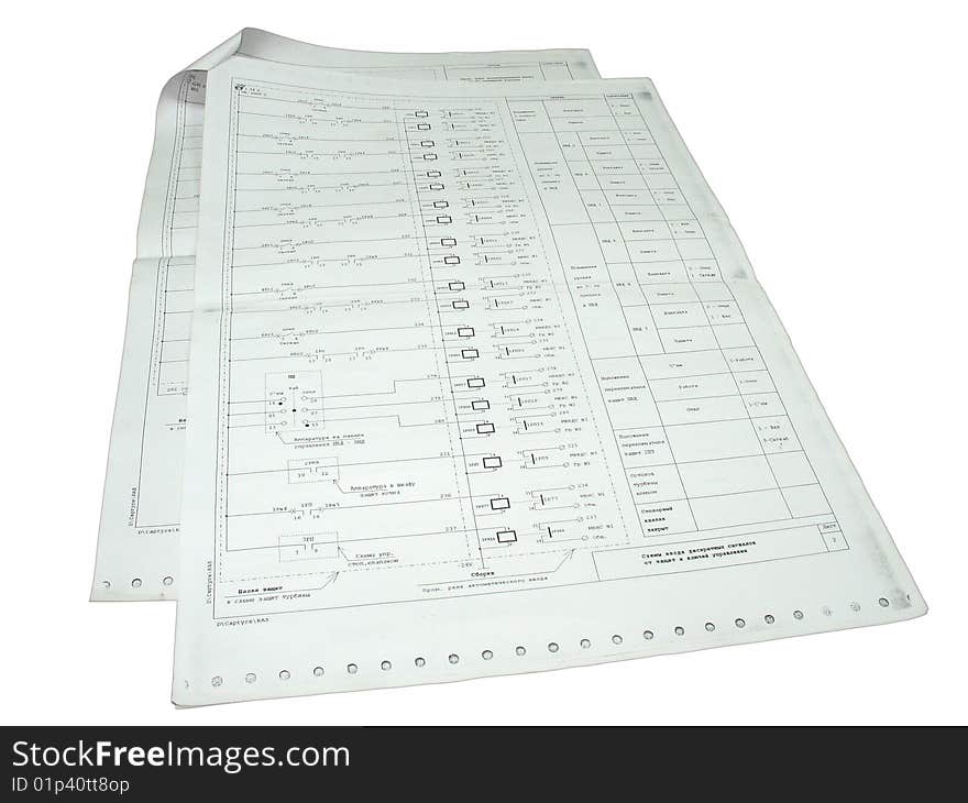 Two papers with electronic circuit schemes isolated over white background. Two papers with electronic circuit schemes isolated over white background