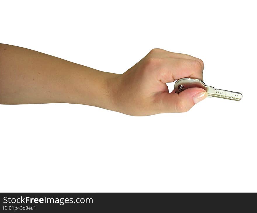 Woman hand giving the key isolated over white background