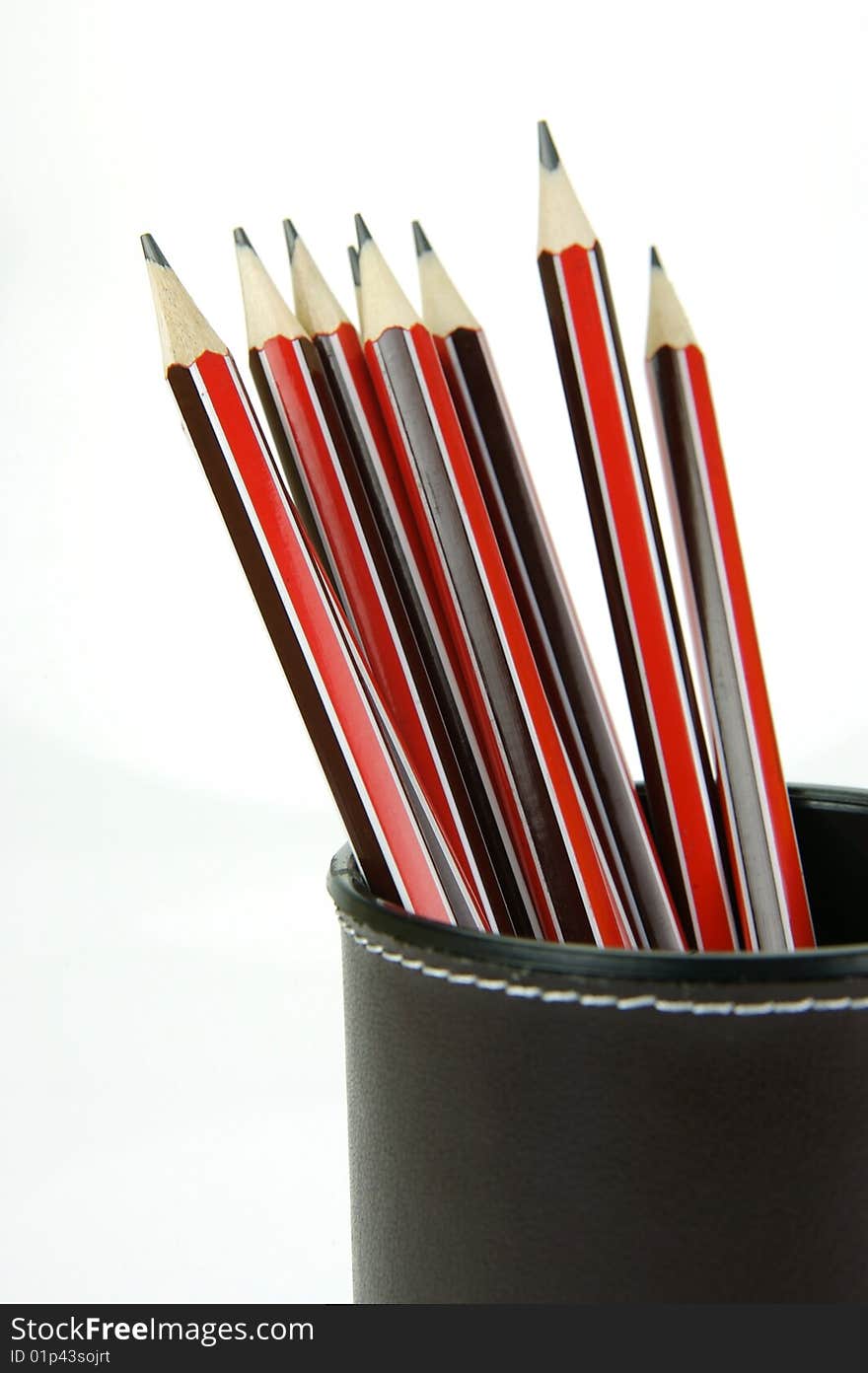 Lead pencils in a cup holder isolated against a white background. Lead pencils in a cup holder isolated against a white background