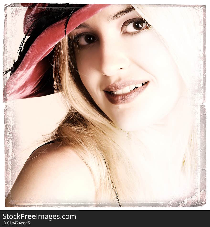 Beautiful young blond female wearing a hat. Beautiful young blond female wearing a hat