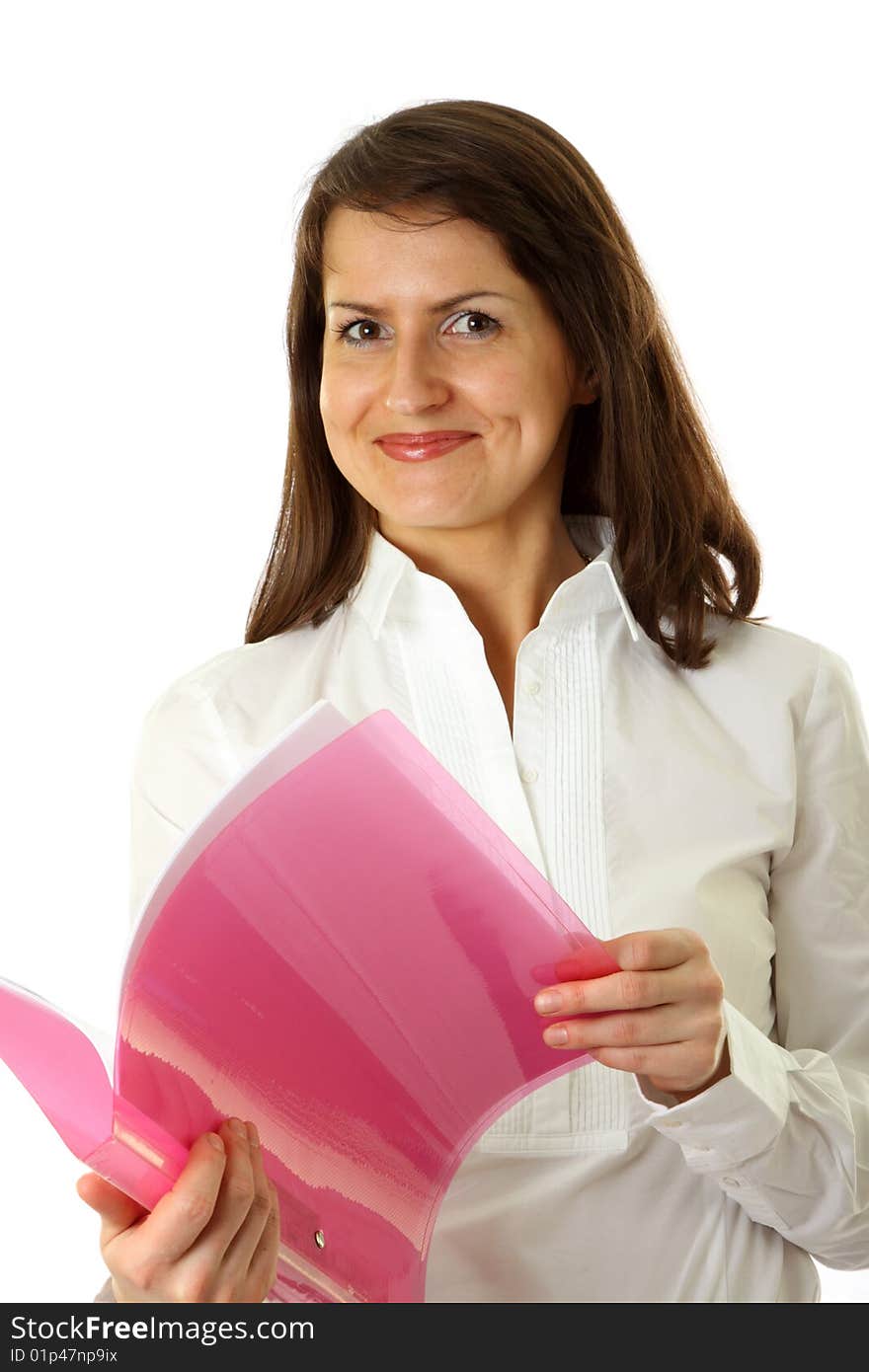 Smiling young business woman isolated on a white background