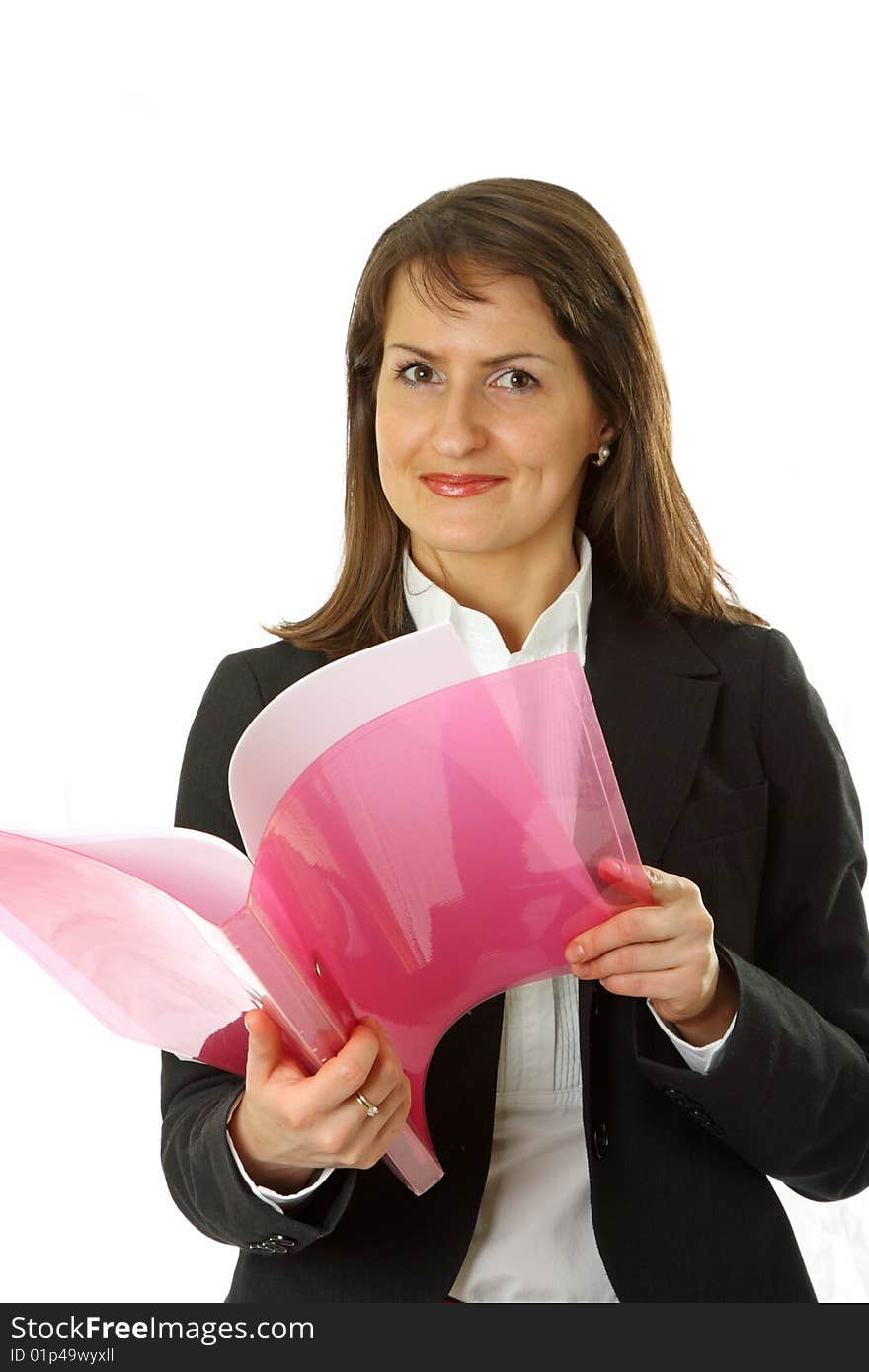 Smiling young business woman isolated on a white background