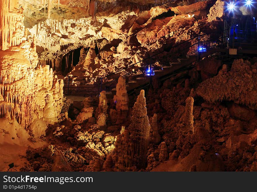 Interior of stalactite and stalagmite cave