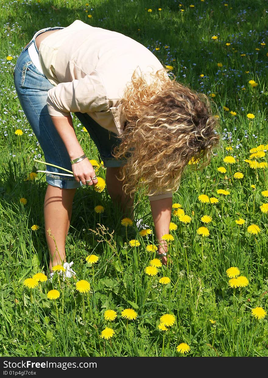 Curly girl picking flowers