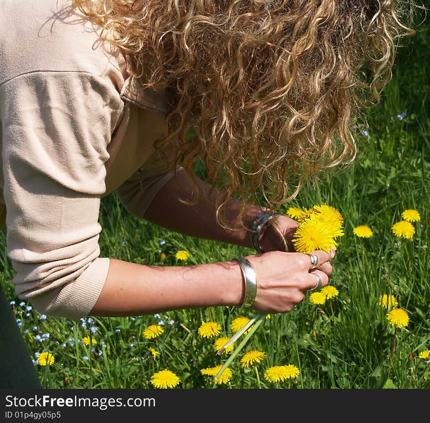 Curly girl picking flowers