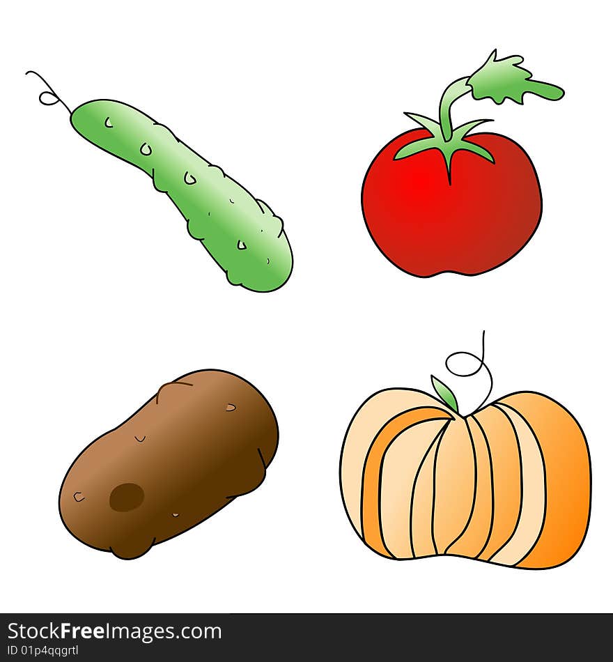 A childish vector illustration of 4 vegetables isolated on white background.