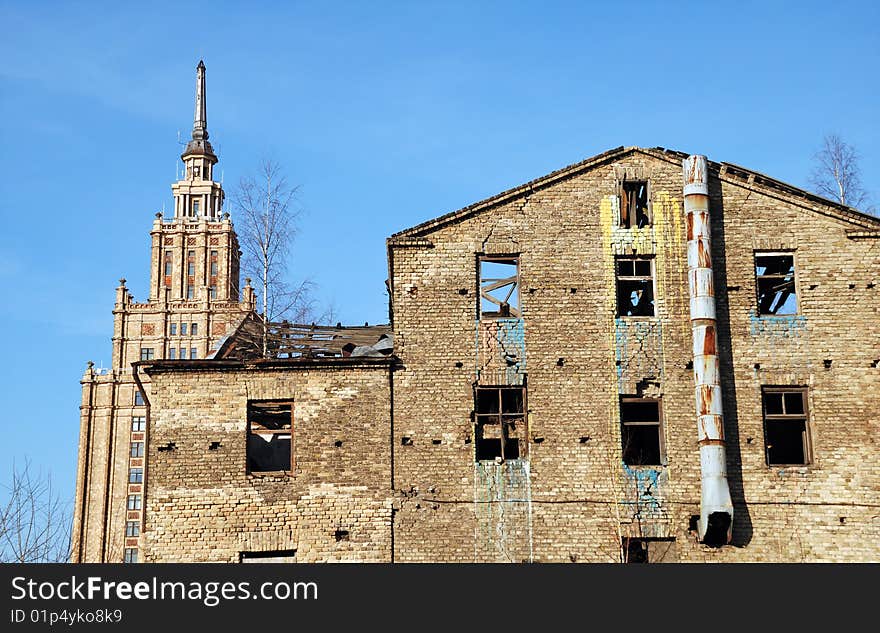 The thrown apartment house against a building of Latvian academy of a science, Riga. The thrown apartment house against a building of Latvian academy of a science, Riga.