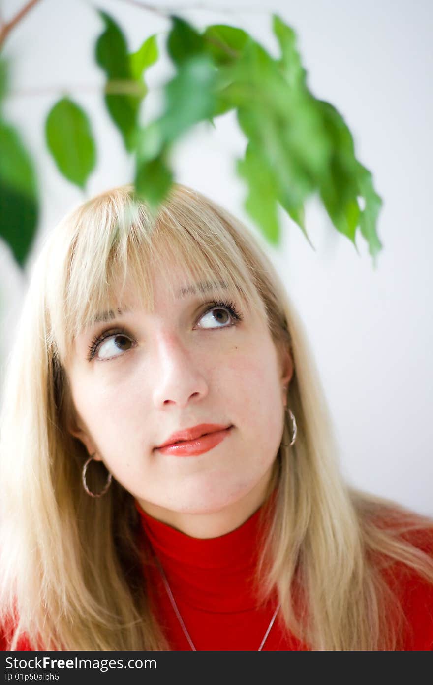 An attractive girl's portrait, her face seen through some green leaves. An attractive girl's portrait, her face seen through some green leaves