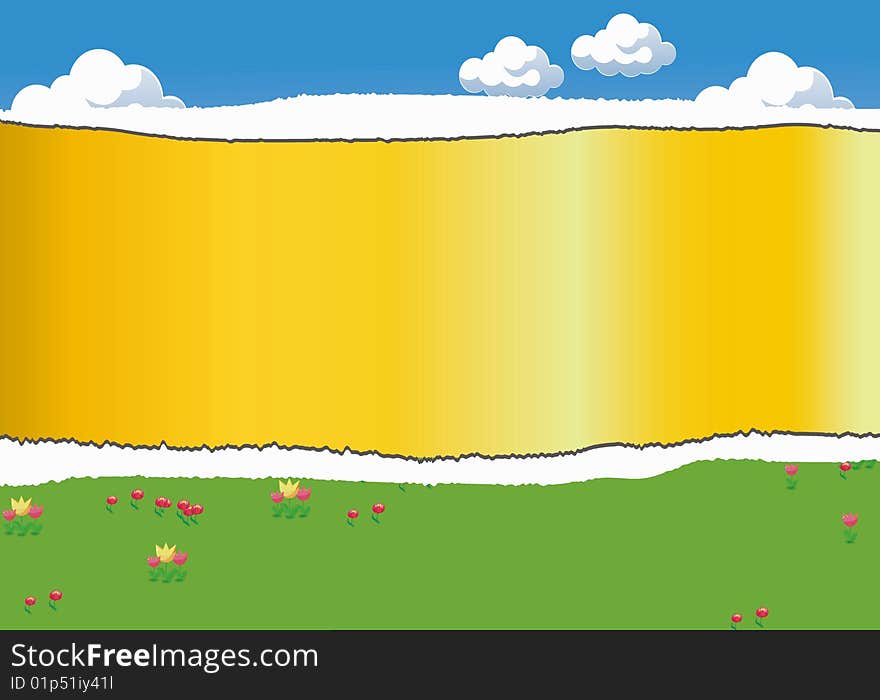 Vector background illustration:ripped picture of sky and grassland