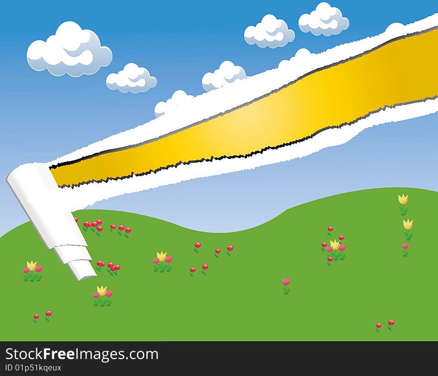 Vector background illustration:ripped picture of sky and grassland