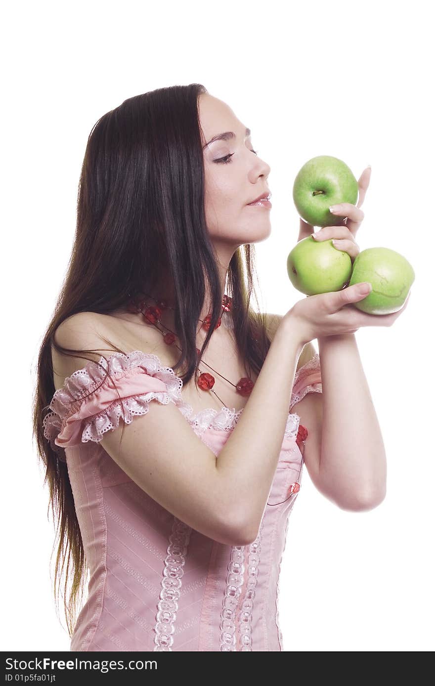 Brunette girl with green apples. Brunette girl with green apples