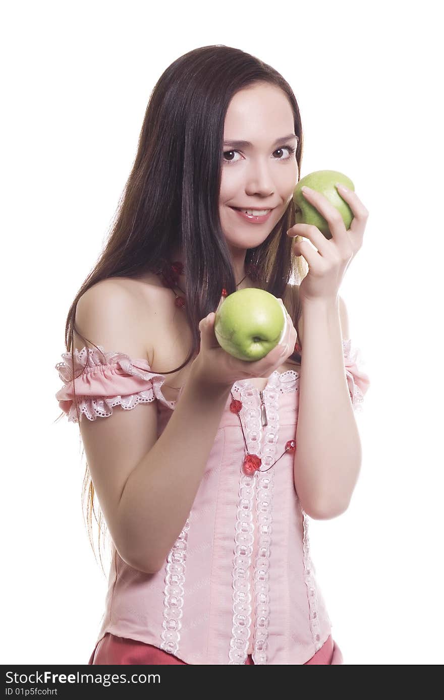 Girl with three green apples