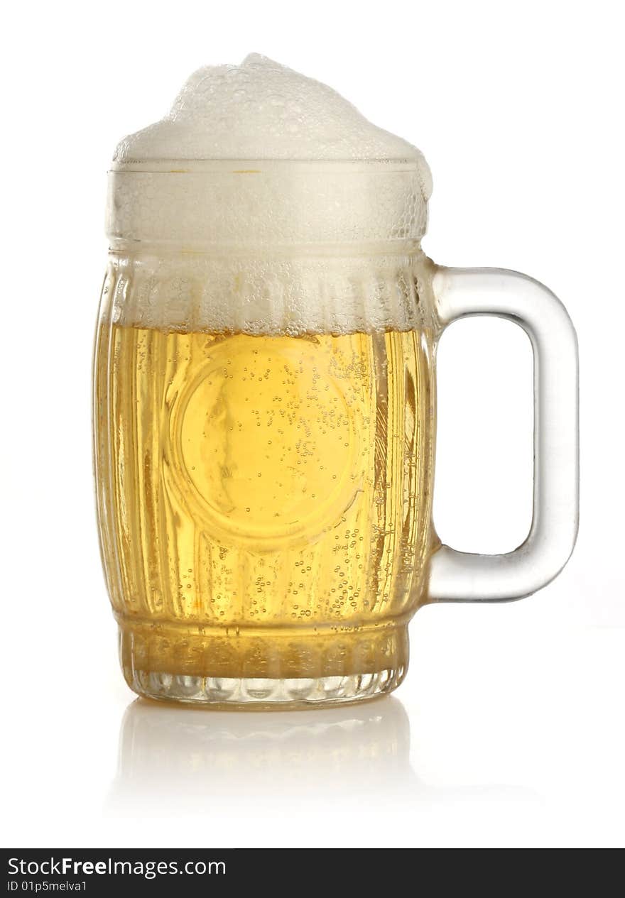 Glass of cold and fresh golden beer, over white background