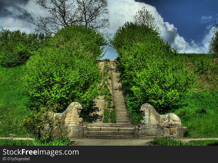 Ancient stairs in the park near Olesko castle, Ukraine