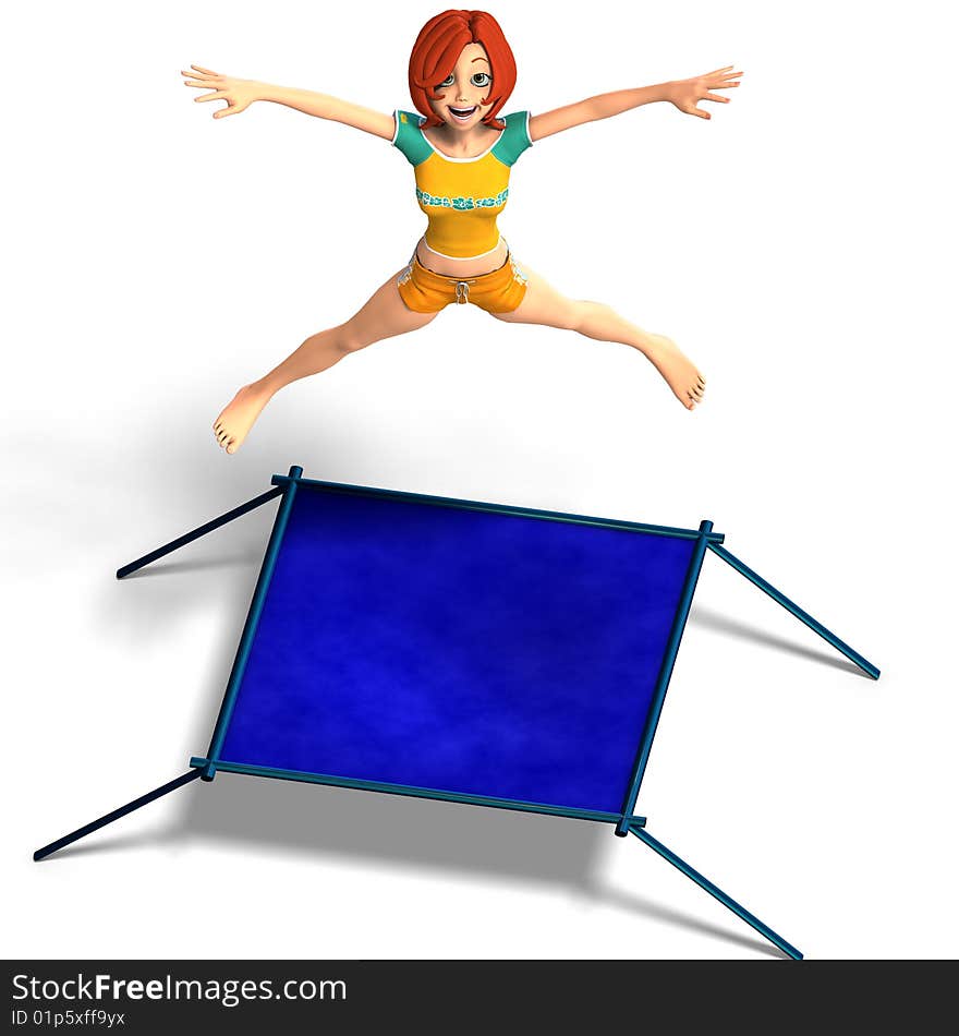 Rendering of a cartoon girl who jumps on a trampoline. With Clipping Path and shadow over white. Rendering of a cartoon girl who jumps on a trampoline. With Clipping Path and shadow over white