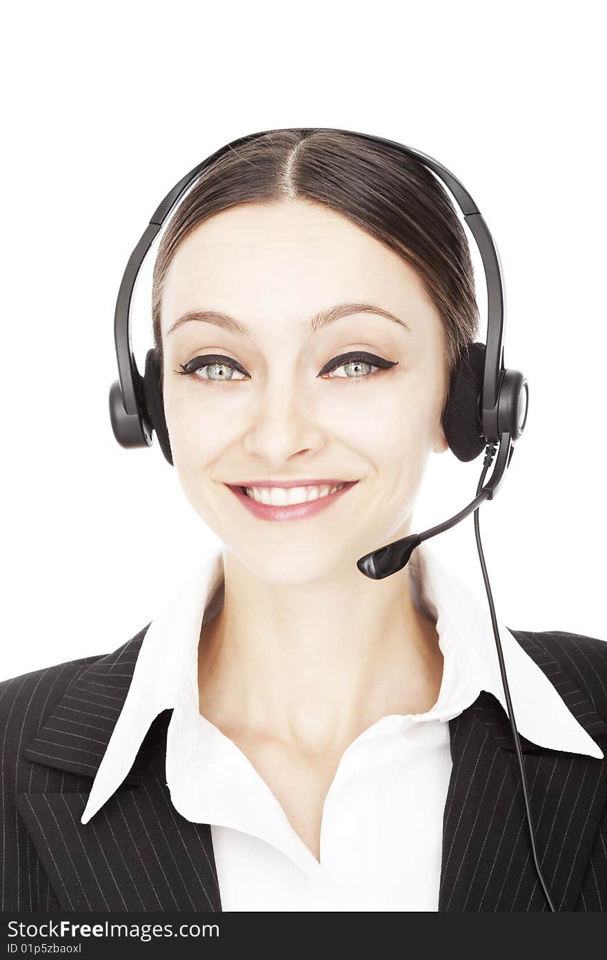 Young smiling operator isolated over white background