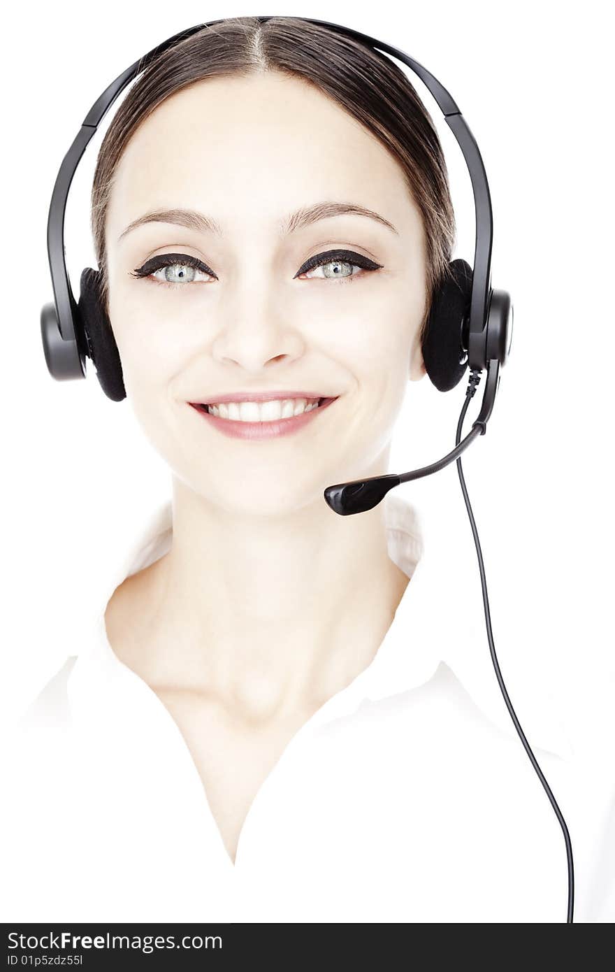 Young smiling operator isolated over white background