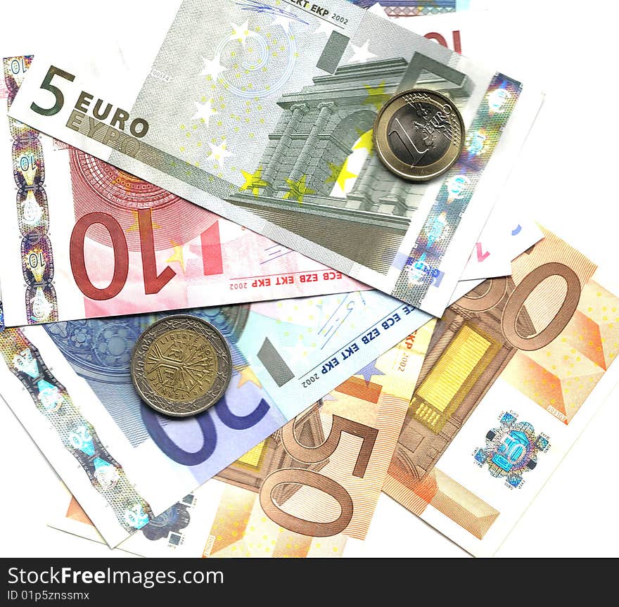 Bunch of Euro coins and notes