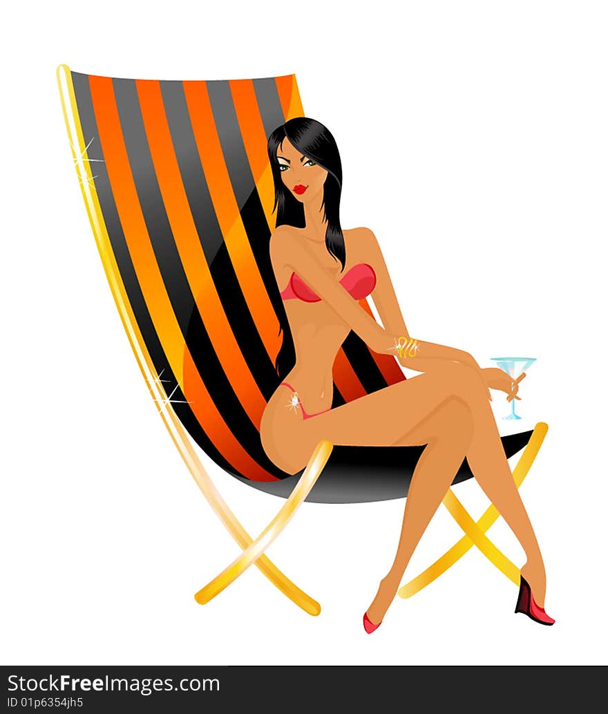 The beautiful young woman in a bathing suit in a beach armchair