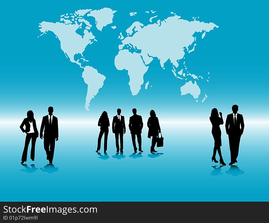 Illustration of business people and map. Illustration of business people and map