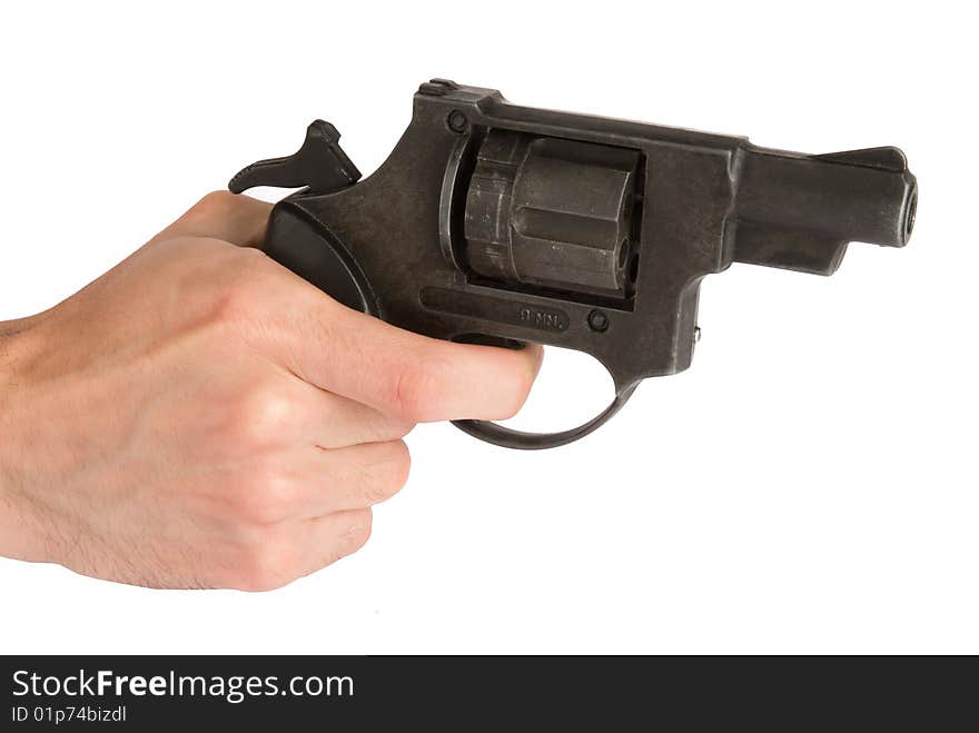 Revolver In Hand - Isolated On White Background