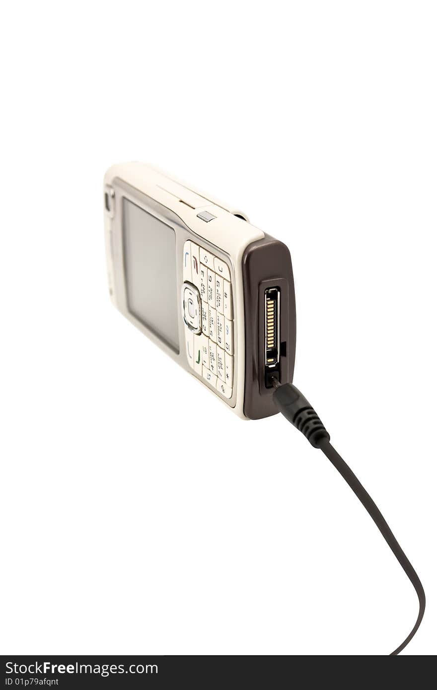 Charged mobile phone on a white background