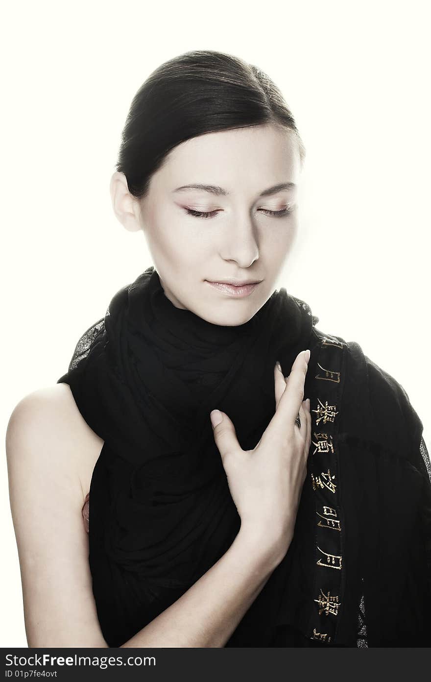 Portrait of  pretty young woman in  black scarf. Portrait of  pretty young woman in  black scarf