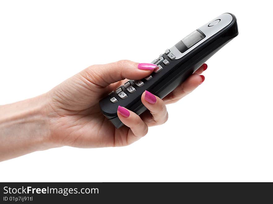 Feminine hand with telephone, rose nailwear, manicure, on white background