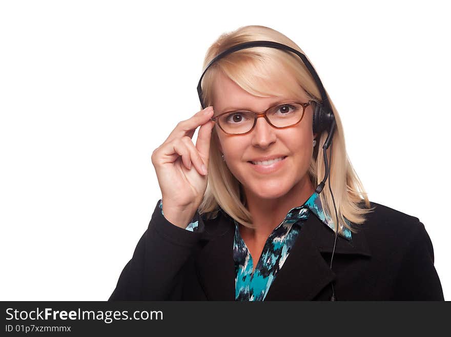 Beautiful Blonde Customer Support Woman with Headset Isolated on a White Background.