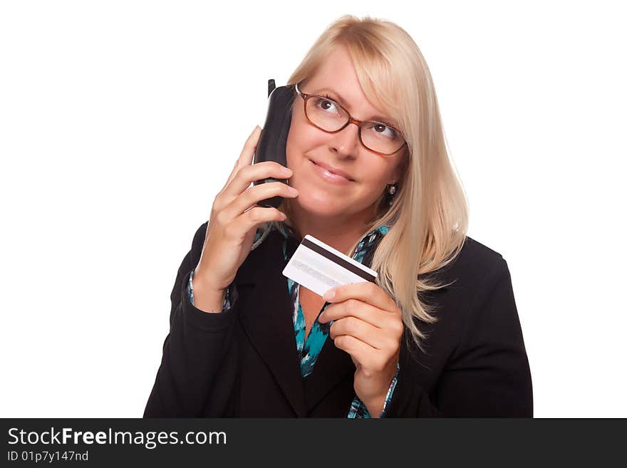 Beautiful Blonde Woman with Phone and Credit Card Isolated on a White Background.