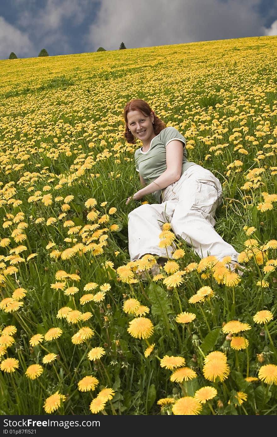 Young lady sitting in the meadow of dandilions. Young lady sitting in the meadow of dandilions