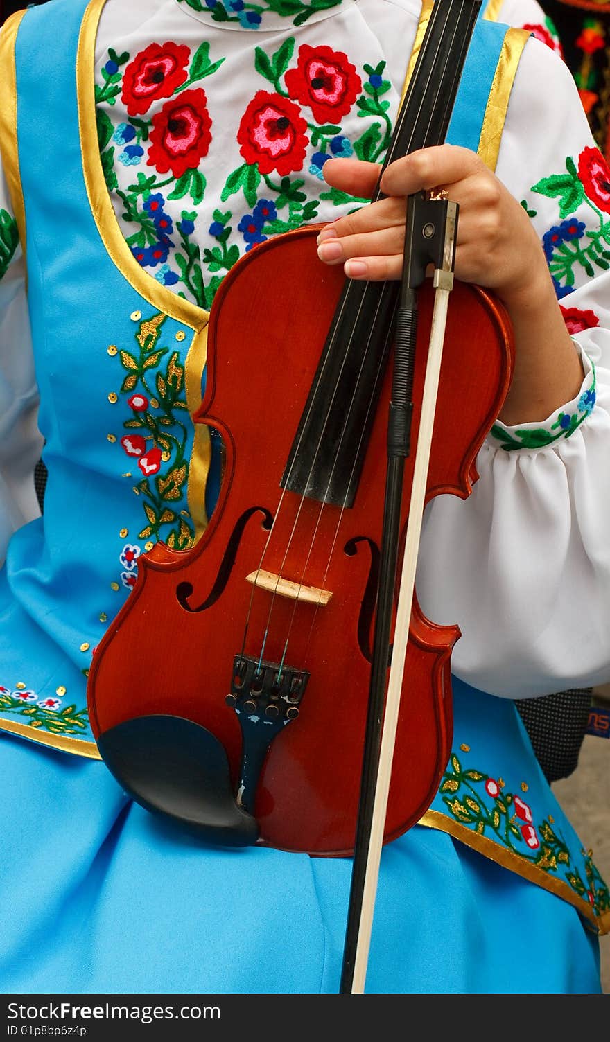 Violin in hands at the girl dressed in the Ukrainian national clothes