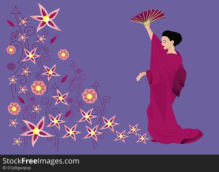 Illustration of abstract floral ornament and beautiful woman in kimono