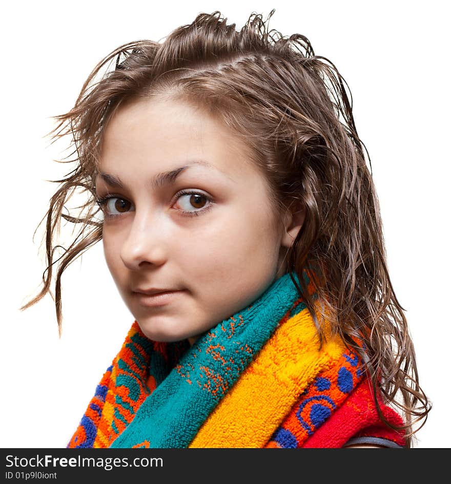 Young girl with wet hair and colour towel on neck, isolat. Young girl with wet hair and colour towel on neck, isolat