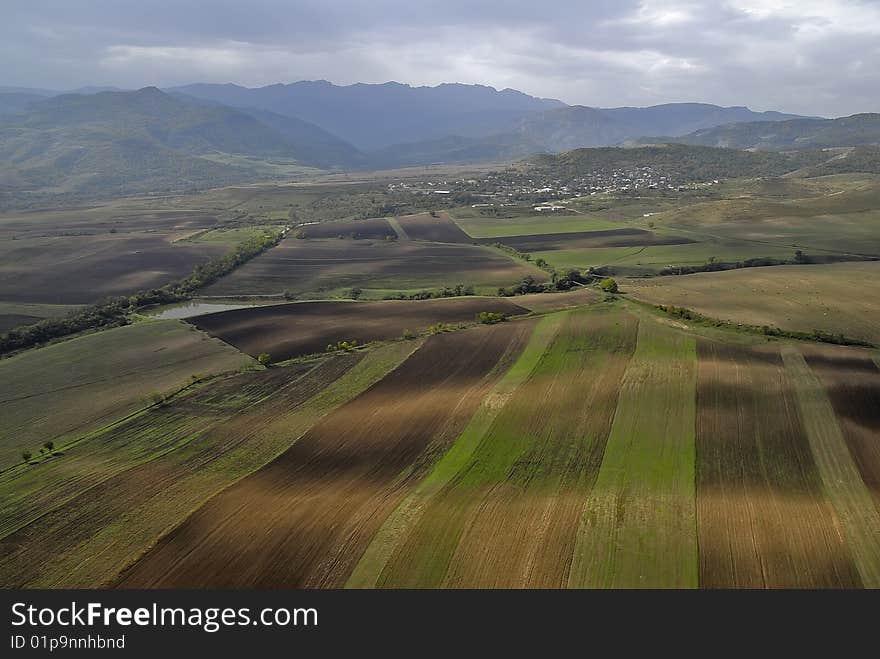 Aerial view on spring fields.